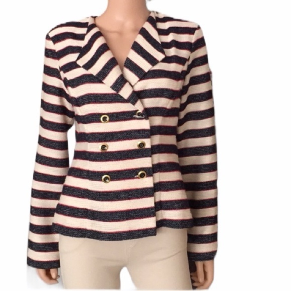 CAbi Striped Double-Breasted Blazer Navy Cream Red Size 6